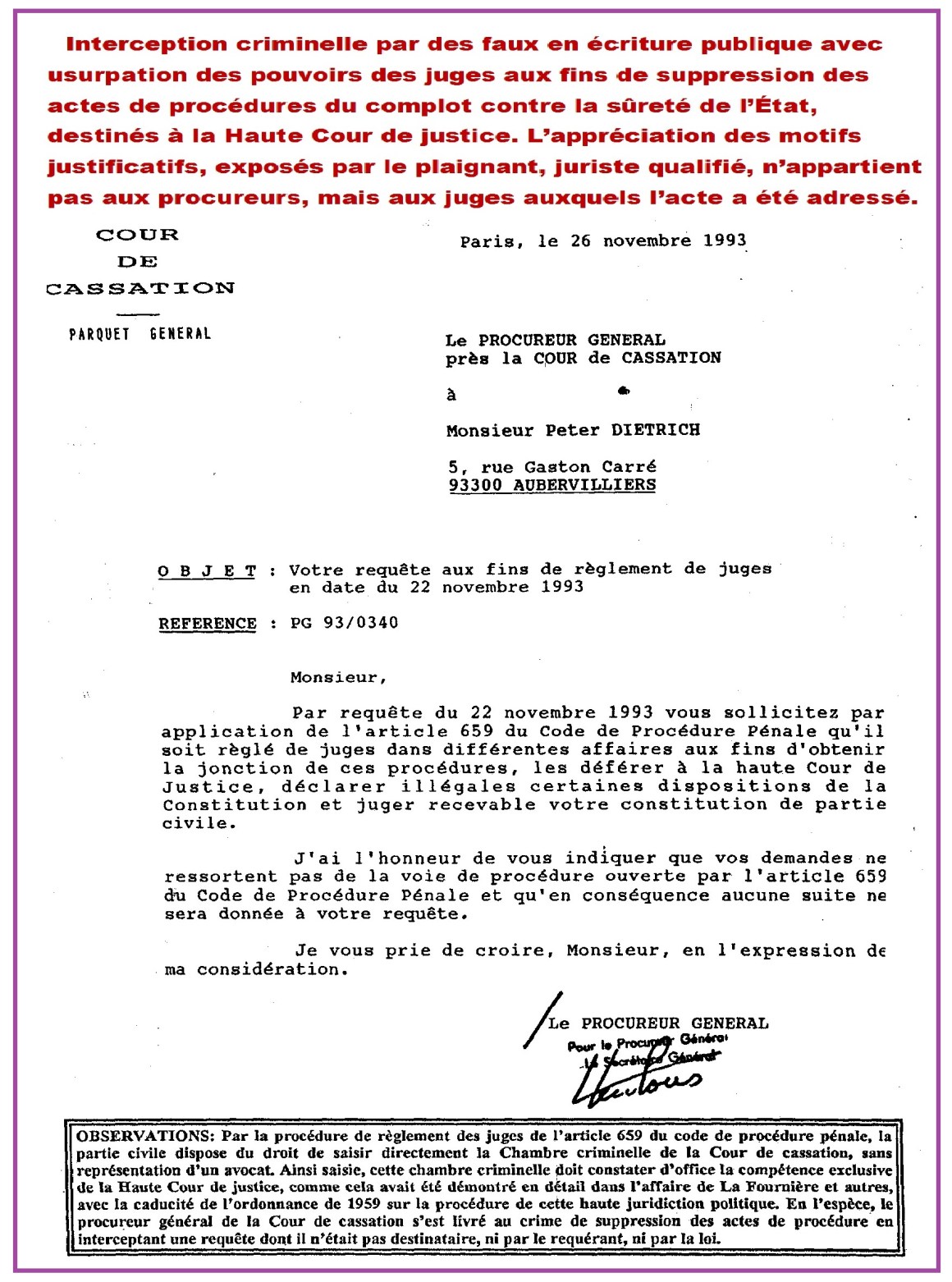 Règlement juges avorté Cass Paris