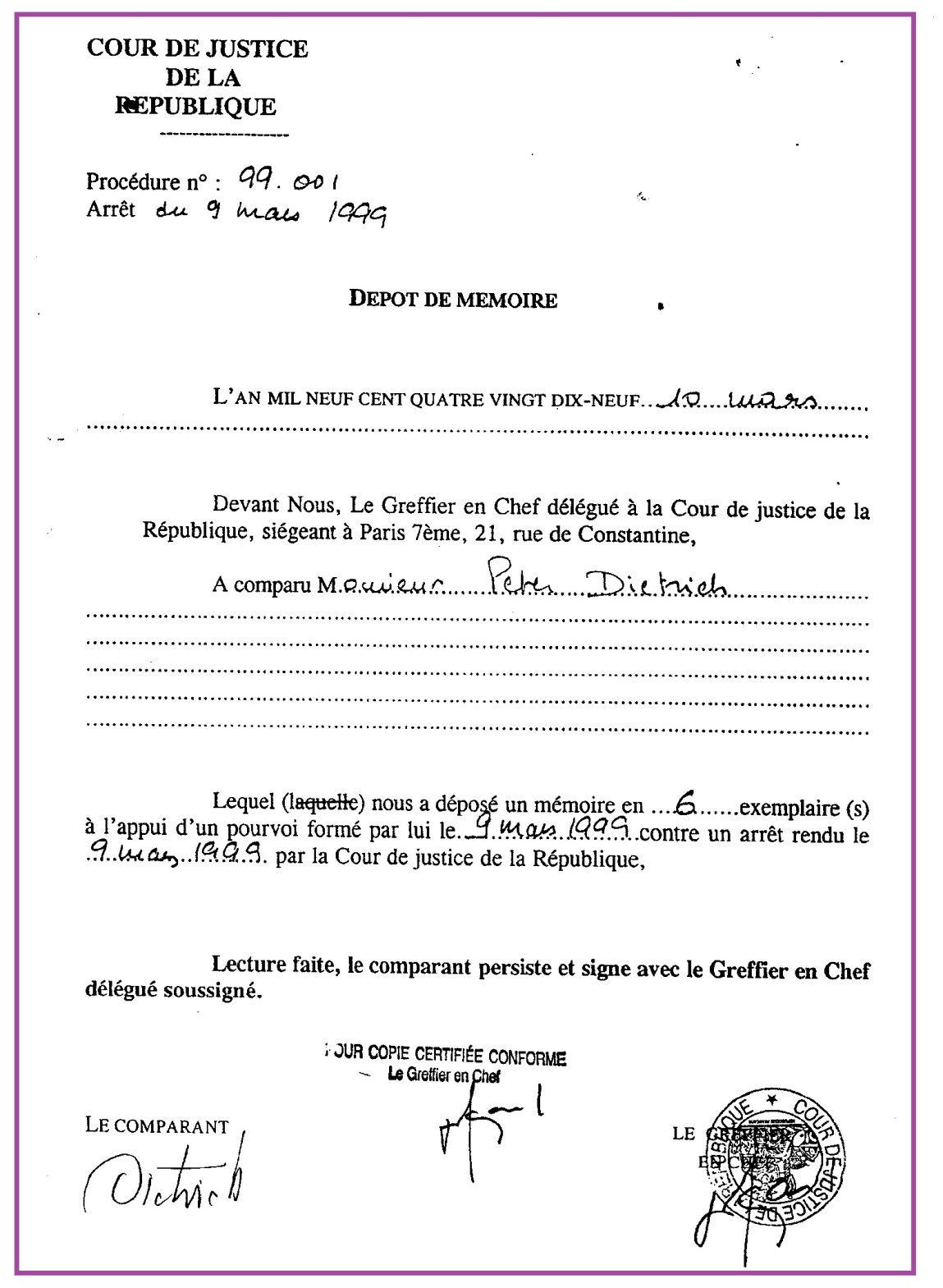 Cour de Justice de la République Dépot de mémoire.