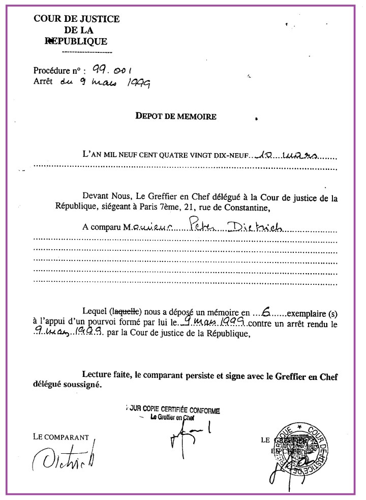 Cour de Justice de la République Dépot de mémoire.