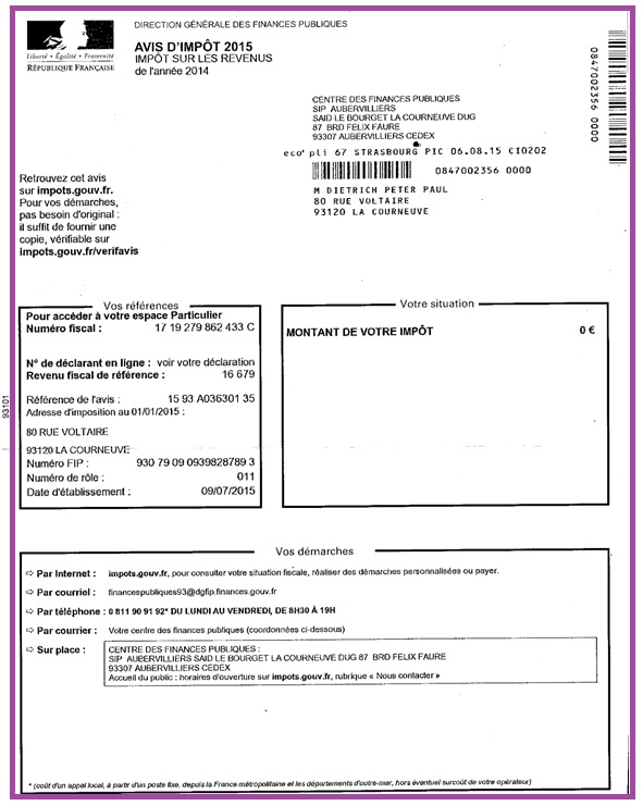 Avis d’impôt sur les revenus 2015.