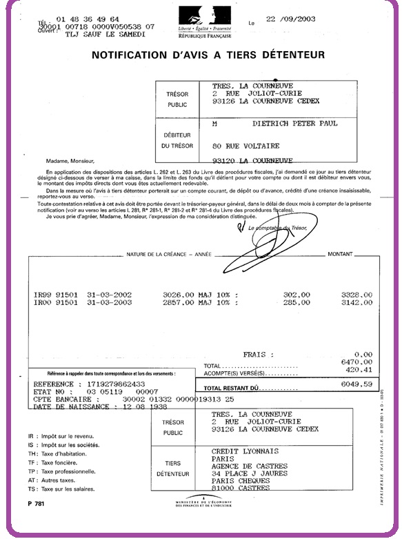 Les liens entre les entreprisesSaisi de dépôt banque, Notification d’avis à tiers